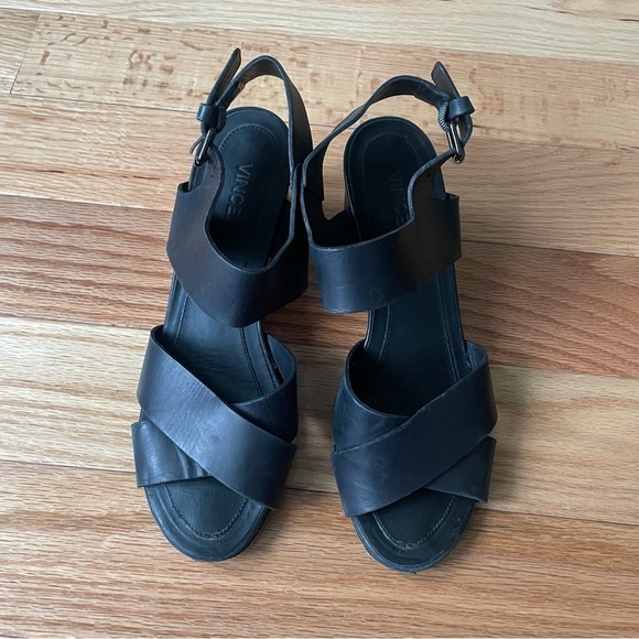 VINCE Black Peep Toe Crossover Gwyn Leather Slingback Wedge Sandals Size 7.5 - Picture 6 of 12